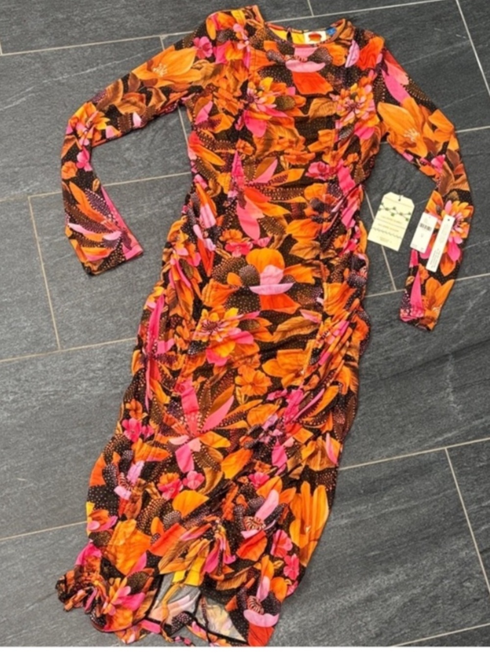 FarmRio Vibrant Orange & Pink Floral Long-Sleeve Rouched Midi Dress